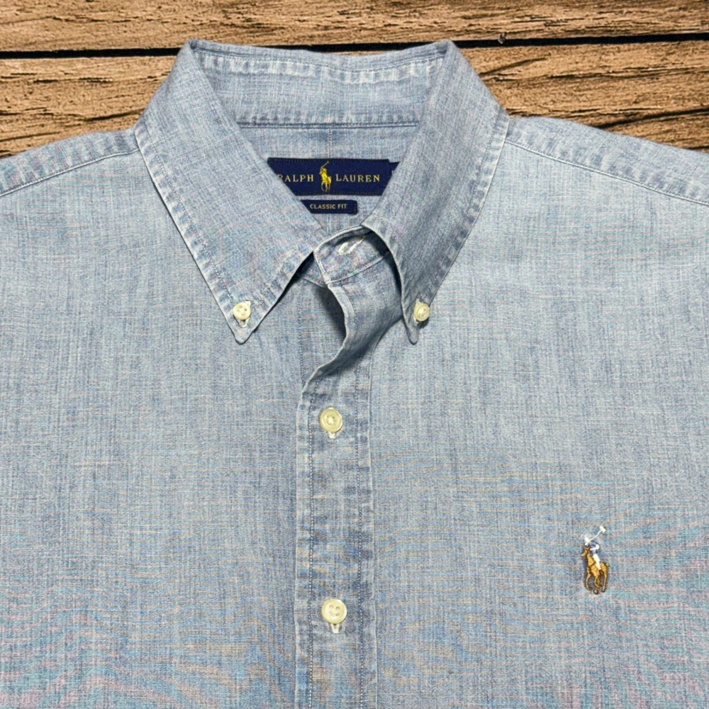 Ralph Lauren Button Down Shirt Men Large Blue Classic Fit Chambray Cotton Pony